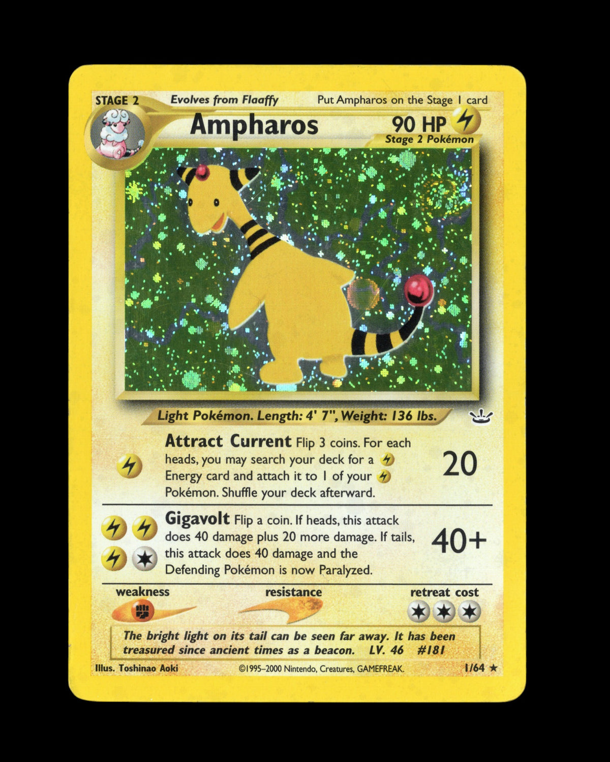 CardVault Belgium vintage Pokémon Ampharos 1/64 Holo Rare kaart uit de Neo Genesis set van 2000 in goede staat.