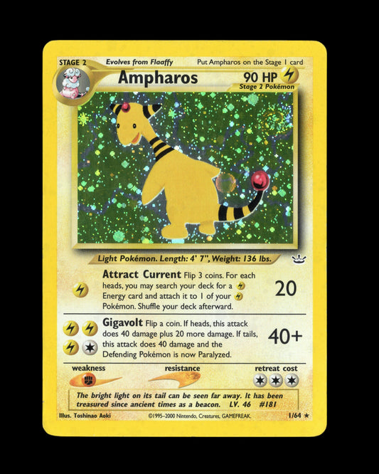 CardVault Belgium vintage Pokémon Ampharos 1/64 Holo Rare kaart uit de Neo Genesis set van 2000 in goede staat.