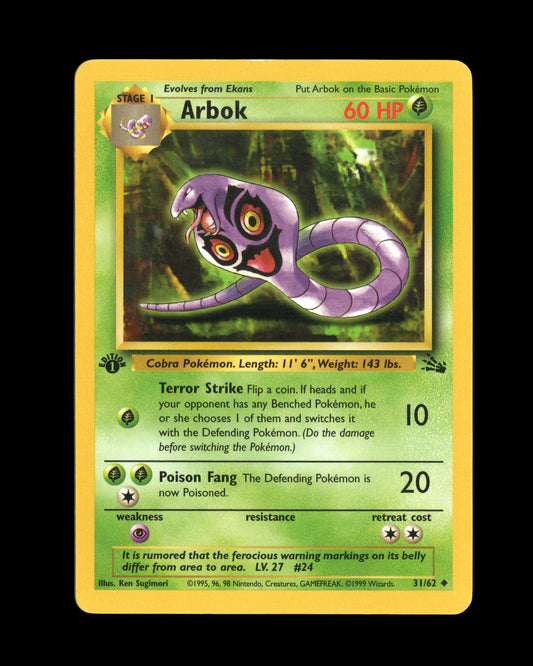 CardVault Belgium Pokémon Arbok 31/62 1st Edition Fossil kaart in near mint conditie met paarse slang illustratie.