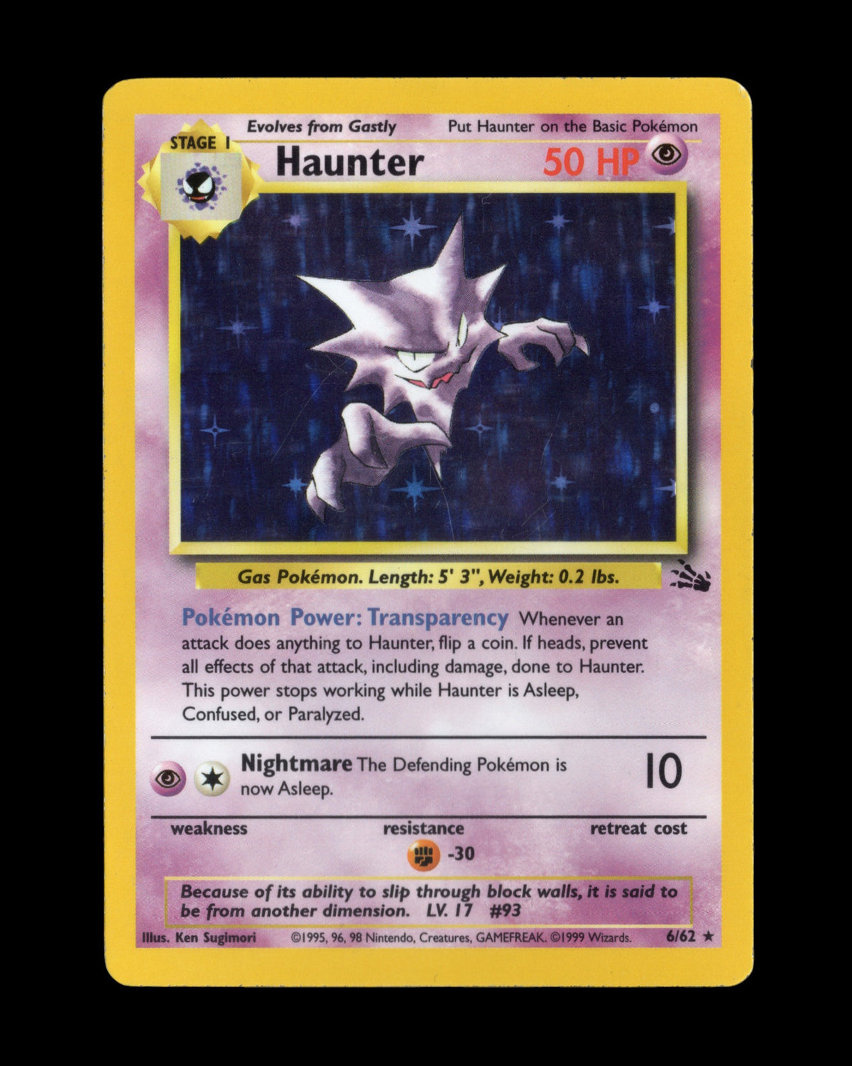 CardVault Belgium vintage Pokémon Haunter 6/62 Fossil 1999 holo kaart met Transparency Poké-Power