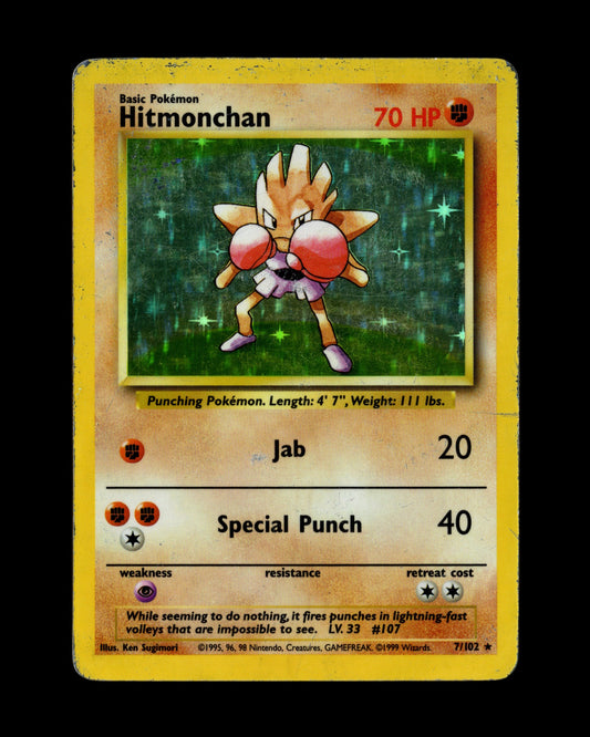 CardVault Belgium Pokémon Hitmonchan 7/102 Base Set 1999 holo kaart in light played staat met zichtbare slijtage
