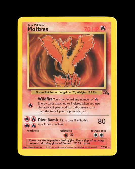 CardVault Belgium Pokémon Moltres 27/62 Fossil 1999 verzamelkaart in Near Mint conditie met vuurvogel illustratie.