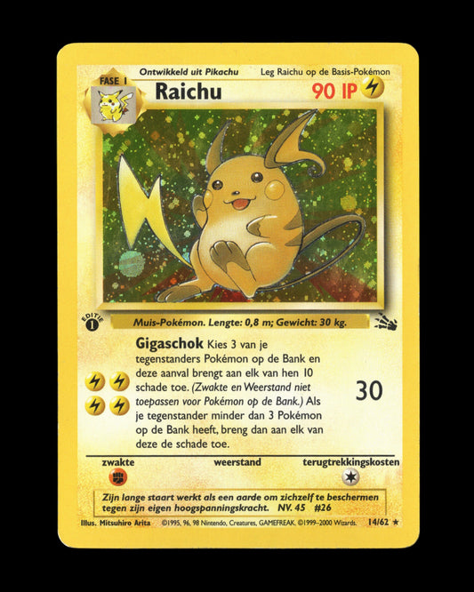 CardVault Belgium vintage Nederlandse 1st Edition Raichu 14/62 Fossil holo Pokémon kaart in uitstekende staat