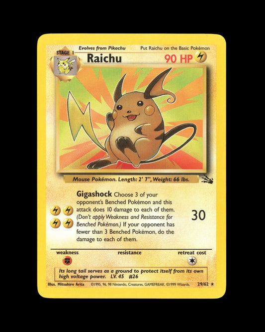 CardVault Belgium Pokémon Raichu 29/62 Fossil 1999 verzamelkaart in uitstekende staat met klassieke illustratie