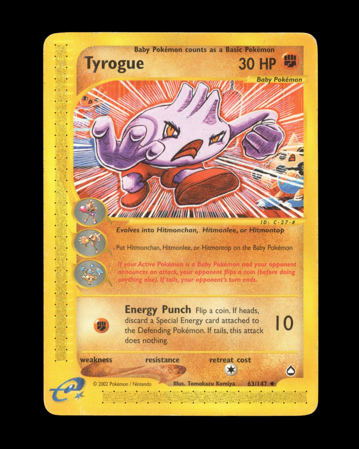 CardVault Belgium vintage Pokémon Tyrogue 63/147 Aquapolis kaart uit 2003 met zeldzame e-Card illustratie
