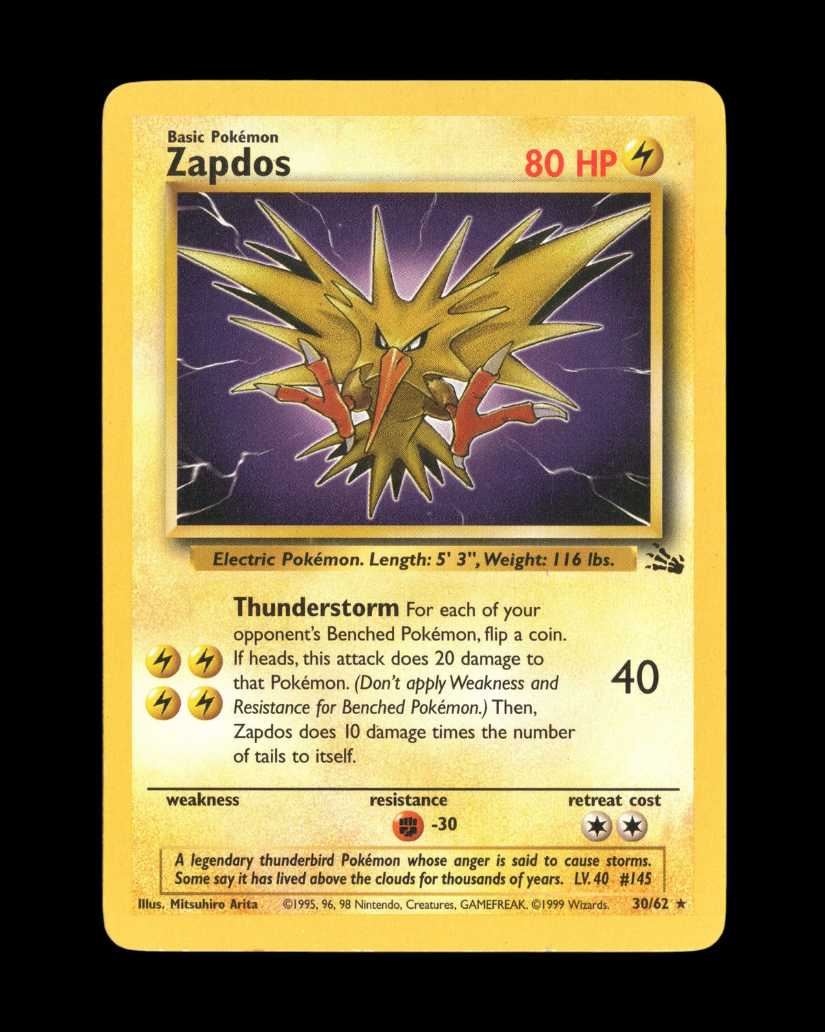 CardVault Belgium Pokémon Zapdos 30/62 Fossil 1999 verzamelkaart met bliksemvogel illustratie in uitstekende staat