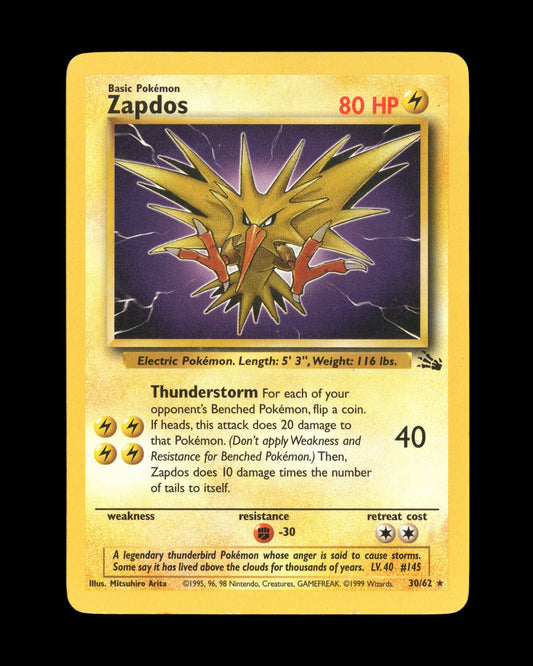 CardVault Belgium Pokémon Zapdos 30/62 Fossil 1999 verzamelkaart met bliksemvogel illustratie in uitstekende staat